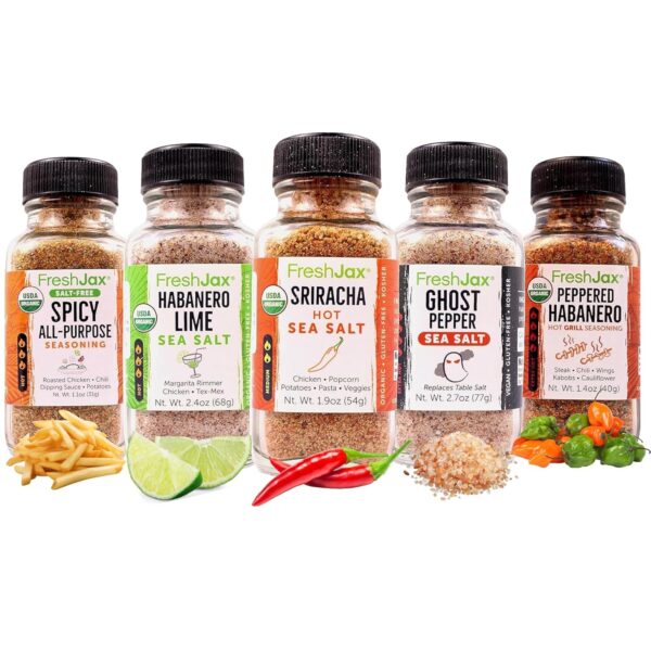 FreshJax Hot & Spicy Seasoning Gift Set | 5 Sampler Sized Organic Hot & Spicy Seasoning Set | Grilling Christmas Gifts for Men | Spices and Seasonings Sets for Cooking Packed in a Giftable Box