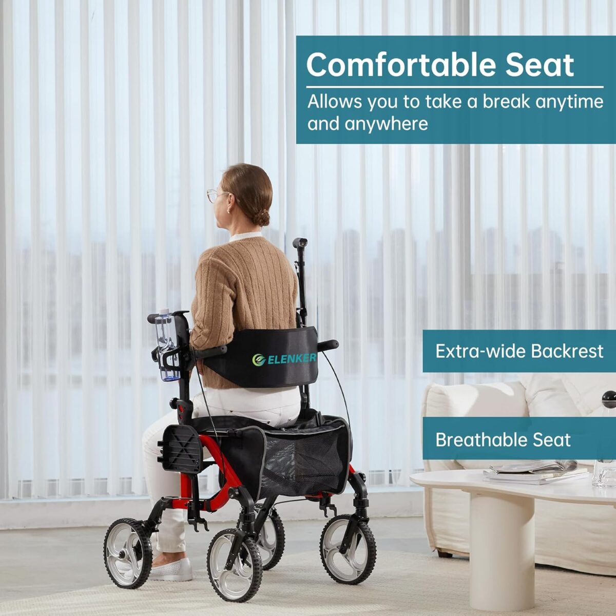 ELENKER 2 in 1 Rollator Walker & Transport Chair, Folding Wheelchair with 10” Non-Slip Wheels for Seniors, Reversible Backrest & Detachable Footrests, red - Image 5