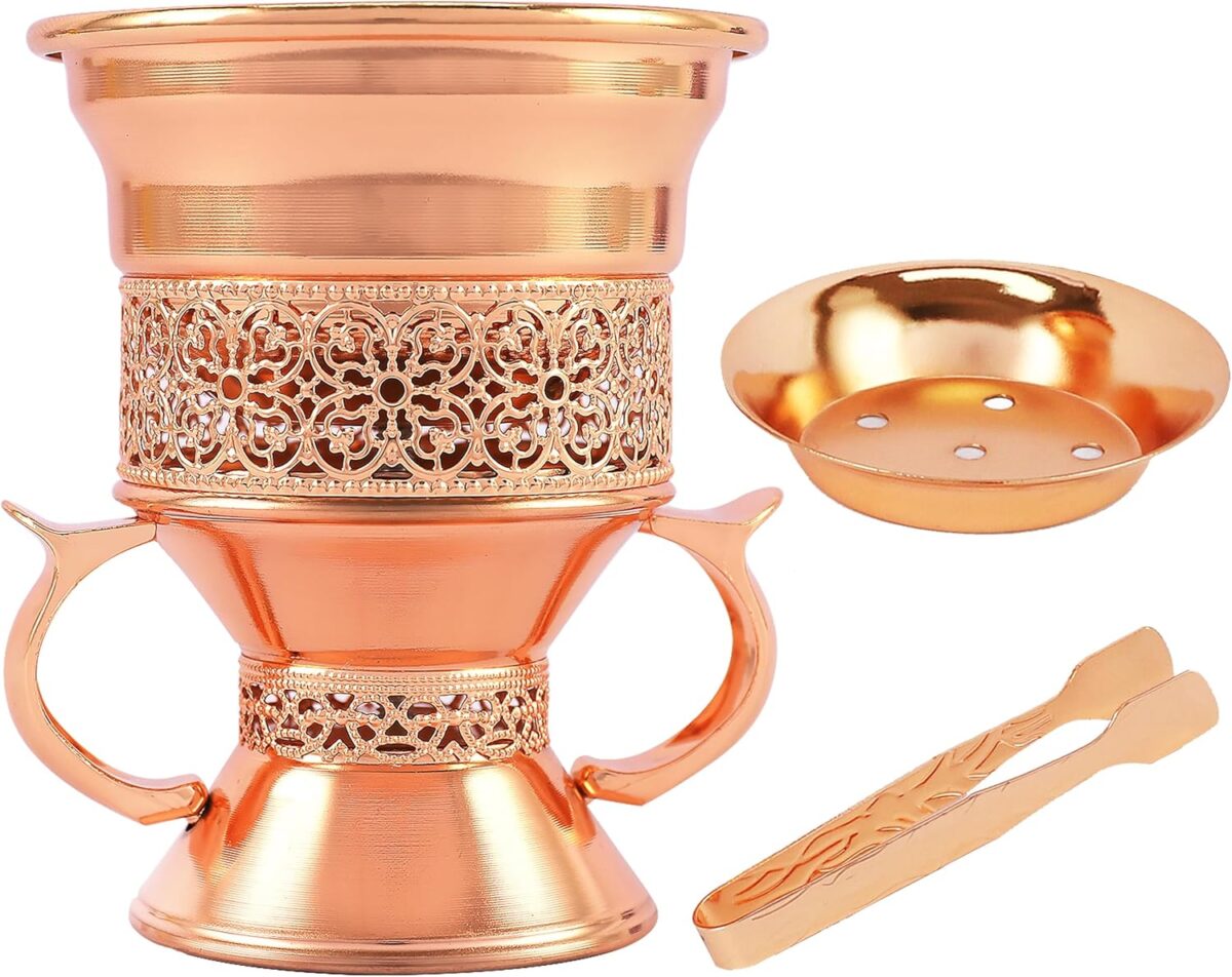 Metal Frankincense Resin Incense Burner, Incense Censer, Portable Bakhoor Burner, Charcoal Bakhoor Burner, Myrrh Burner with Tongs for Yoga, Spa Aromatherapy (Rose Gold) - Image 1