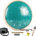 Steel Tongue Drum - 13 Inches 15 Notes Tongue Drum - Hand Pan Drum with Music Book, Handpan Drum Mallets and Carry Bag, D Major (Malachite Green)