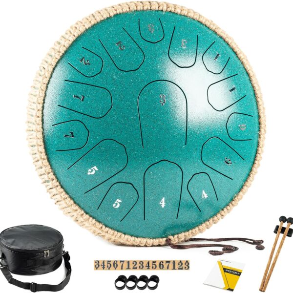 Steel Tongue Drum - 13 Inches 15 Notes Tongue Drum - Hand Pan Drum with Music Book, Handpan Drum Mallets and Carry Bag, D Major (Malachite Green)