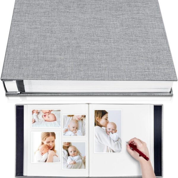 Photo Album Self Adhesive 3x5 4x6 5x7 6x8 8x10 8.5x11 11x10.6 Magnetic Scrapbook Length 11x10.6 Inch 40 Pages Linen Cover DIY Photo Album with A Metallic Pen and DIY Accessories(Gray)