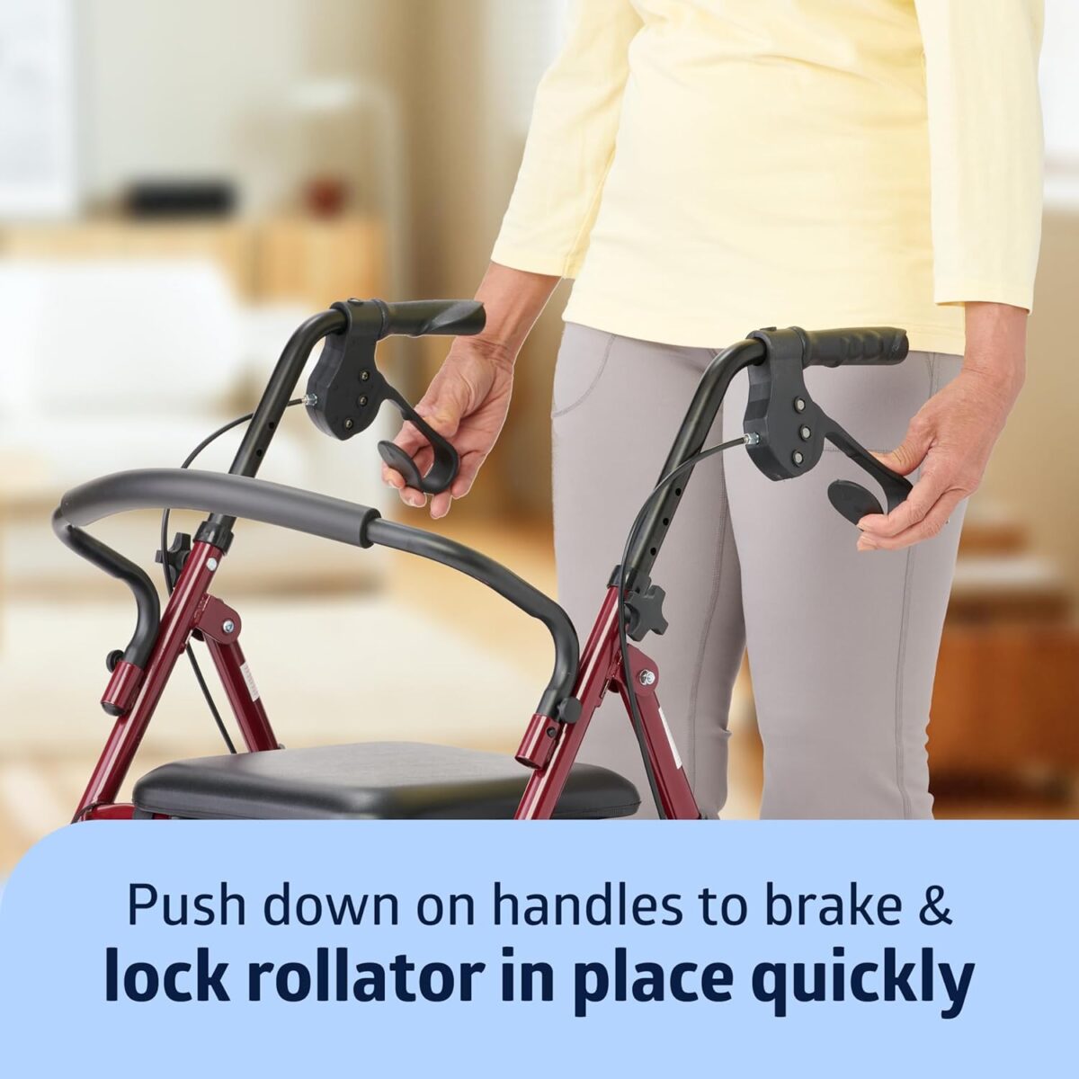 Medline Steel Rollator Walker with Seat, Burgundy, 350 lb. Weight Capacity, 6” Wheels, Foldable, Adjustable Handles, Rolling Walker for Seniors, Walker for Mobility Impaired - Image 6