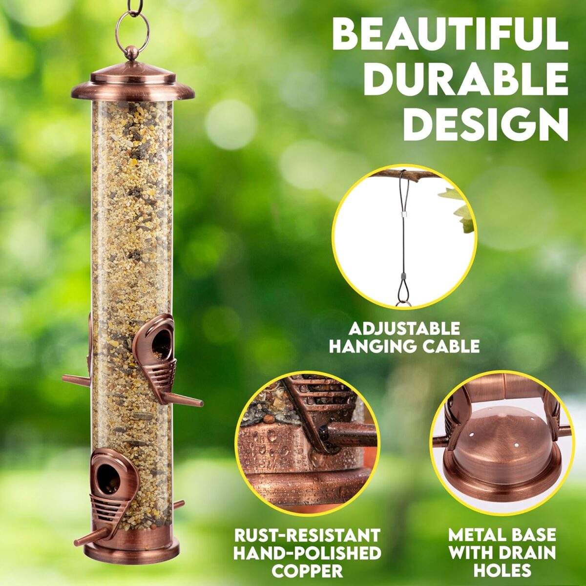 Bird Feeder for Outdoors (Brushed Copper) Squirrel Proof Hanging Bird Feeder with Locking Lid & Adjustable Hanger, Chew-Proof, Weather Resistant 14 Inches 4 Port - Image 5