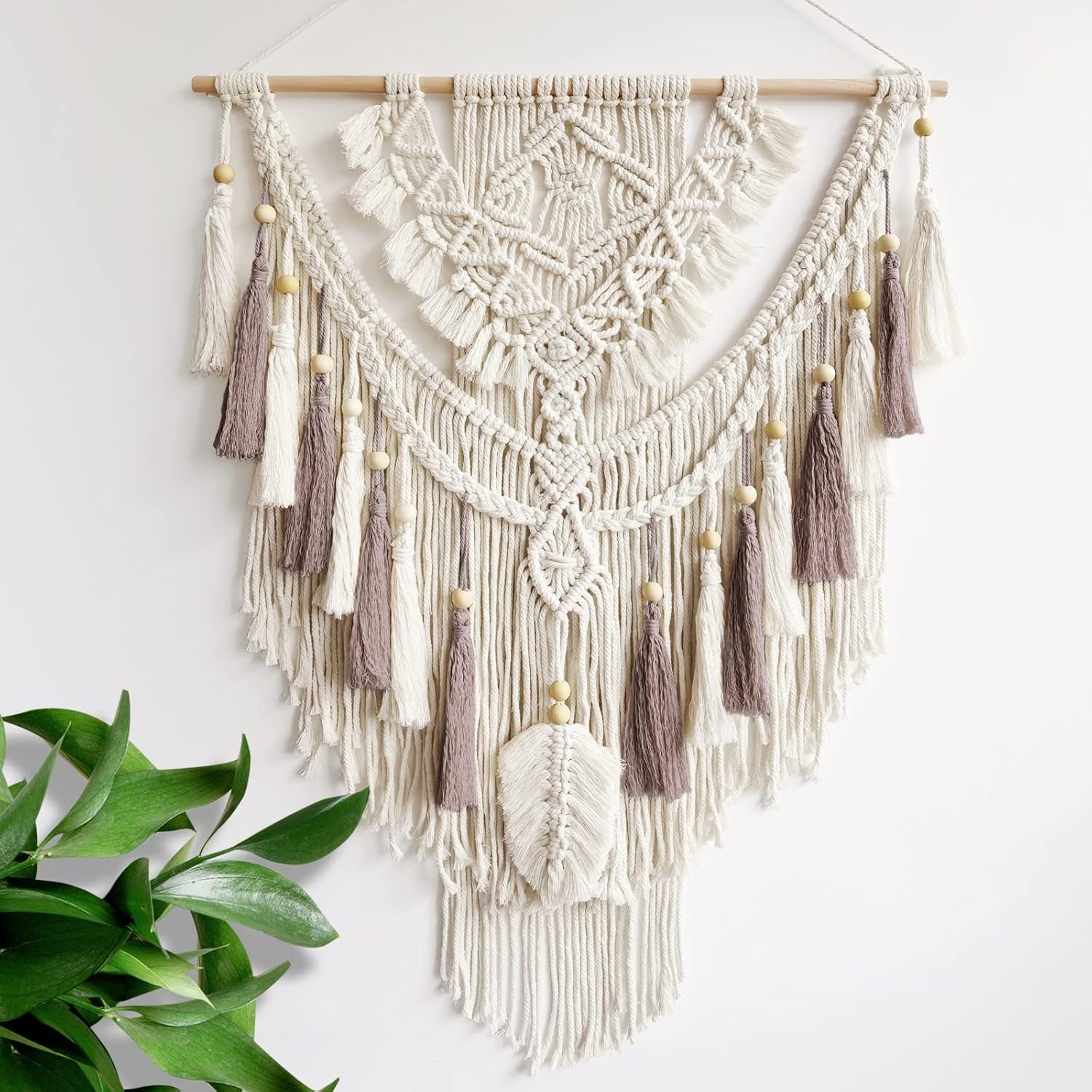 81Ecp2IR64L._AC_SL1500_.jpg Macrame Wall Hanging, Woven Tapestry Beige & Dusty Rose Handmade Craft Macrame Wall Decor, Gallery & Nursery, Size 37.4” Lx27.5” W - Image 1