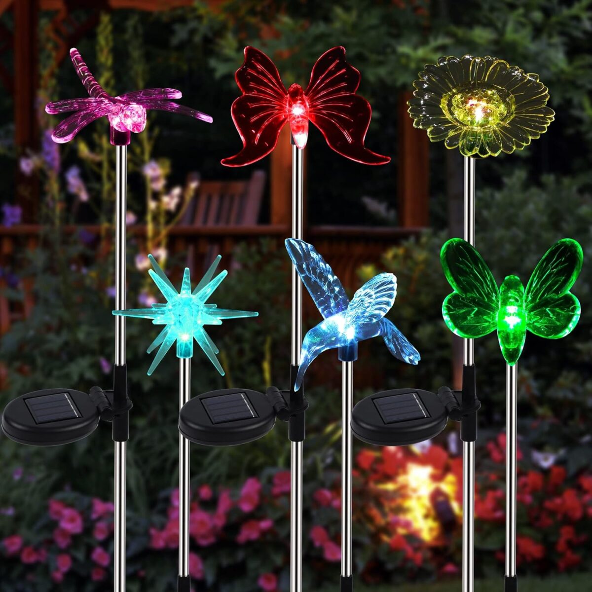 Glintoper 6 Pack Solar Garden Stake Lights Outdoor, Solar Butterfly Figurine Lights, Multi-Color Changing LED Landscape Lighting, Sparkling Star Flower Hummingbird Dragonfly Bee for Patio Yard Pathway - Image 1