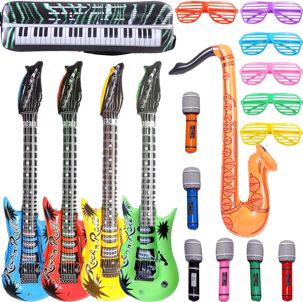 81ElxljhtZL._AC_SL1200_.jpg GuassLee Inflatable Rock Star Toy Set, 18 Pack Inflatable Party Props - 4 Inflatable Guitar, 6 Microphones, 6 Shutter Shading Glasses, 1 Saxophone and 1 Inflatable Keyboard Piano Inflatable Rock toys - Image 1