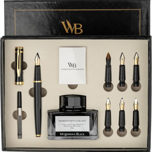 Wordsworth & Black Calligraphy Pen Gift Set, Includes Ink Bottle, 6 Ink Cartridges, Ink Refill Converter, 6 Replacement Nibs, Premium Package, Journaling, Smooth Writing Pens [Black Gold]