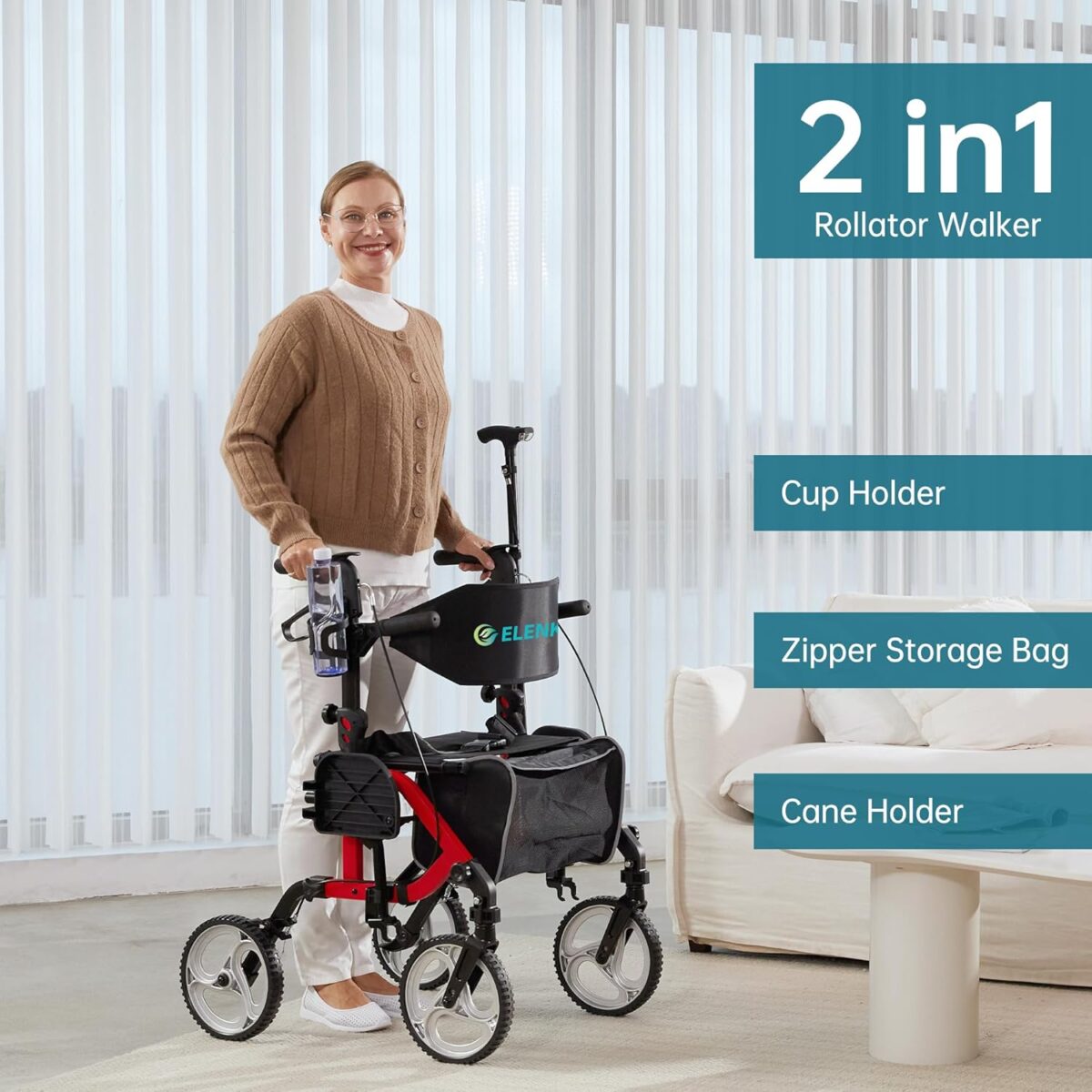 ELENKER 2 in 1 Rollator Walker & Transport Chair, Folding Wheelchair with 10” Non-Slip Wheels for Seniors, Reversible Backrest & Detachable Footrests, red - Image 3