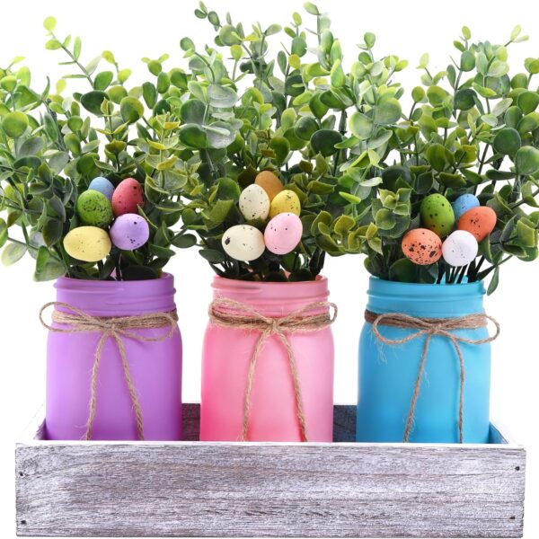 3PCS Easter Mason Jars 3 * 5Inch Easter Painted Tiered Tray Decorative Jars with Wood Tray &Artificial Flowers Farmhouse Bottles for Holiday Spring Home Table Centerpiece Decor Gifts