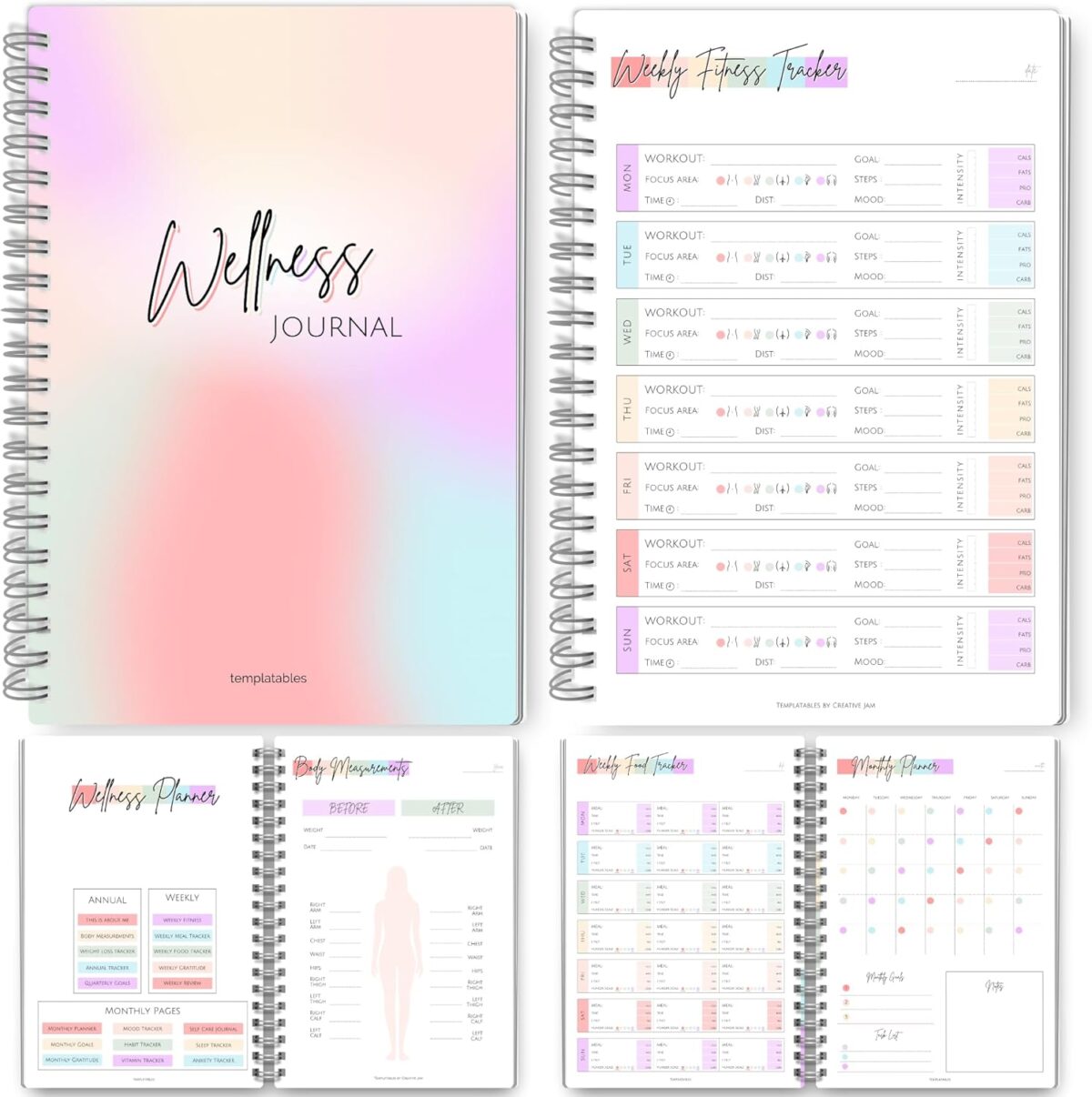 Wellness Journal - 90 Day Health, Fitness, Gratitude, Mindfullness, Wellbeing, Habit, Goals, Diet & Food Tracker - A5 (Pastel Rainbow) - Image 1