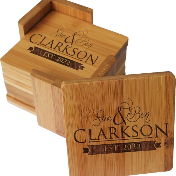 My Personal Memories Custom Engraved Bamboo Wood Coasters - Personalized Coaster Set for Drinks, Weddings, Couples with Holder (Square Bamboo)