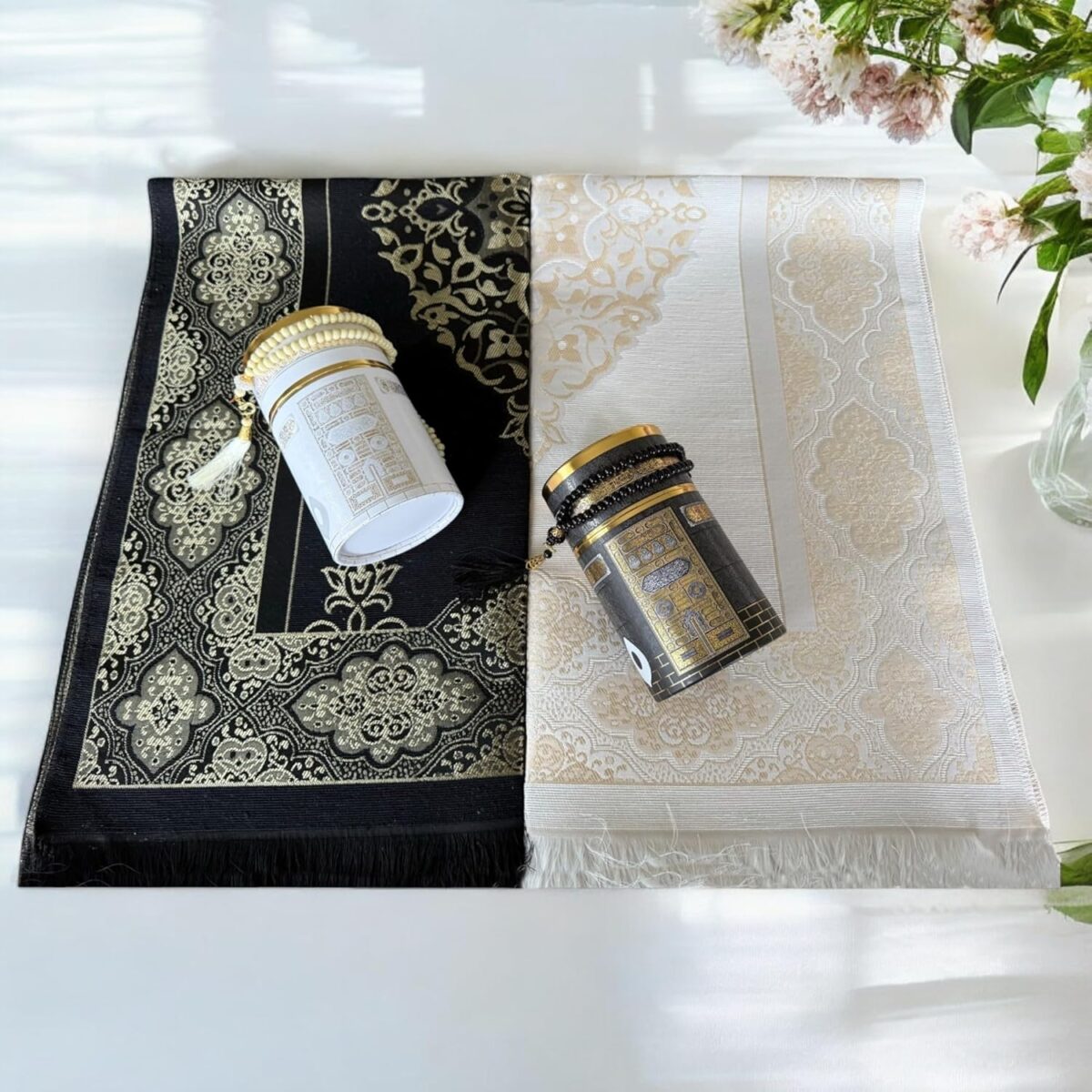 SAIKA Muslim prayer rug, Two Prayer mats and Prayer Beads with Kaaba Design Cylinder Gift Box,Islamic Gifts, Janamaz, Sajadah - Image 5
