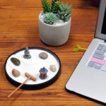 Nature's Mark Mini Zen Garden Kit for Desk with Rake, White Sand, Black Round Base, Miniature Pagoda Figure, River Rocks and Miniature Buddha Figure (6Lx6W Round B) - Image 3