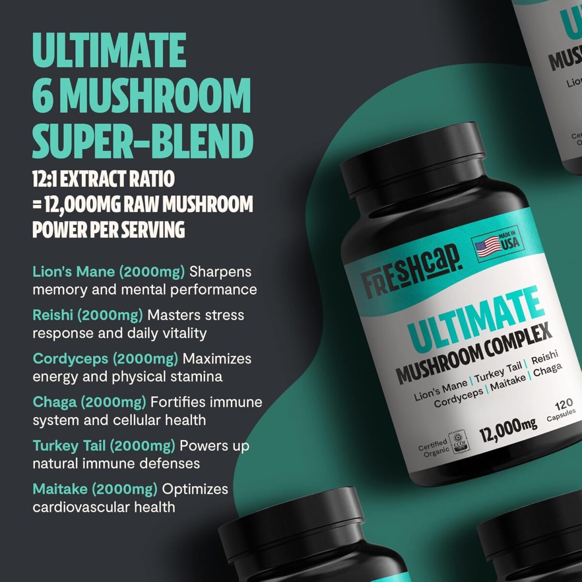 FreshCap Ultimate Mushroom Supplement 12,000mg - Mushroom Complex Capsules, Organic Mushrooms Supplement, Nootropic Brain Supplements for Memory and Focus Ayurveda (120 Capsules) - Image 2