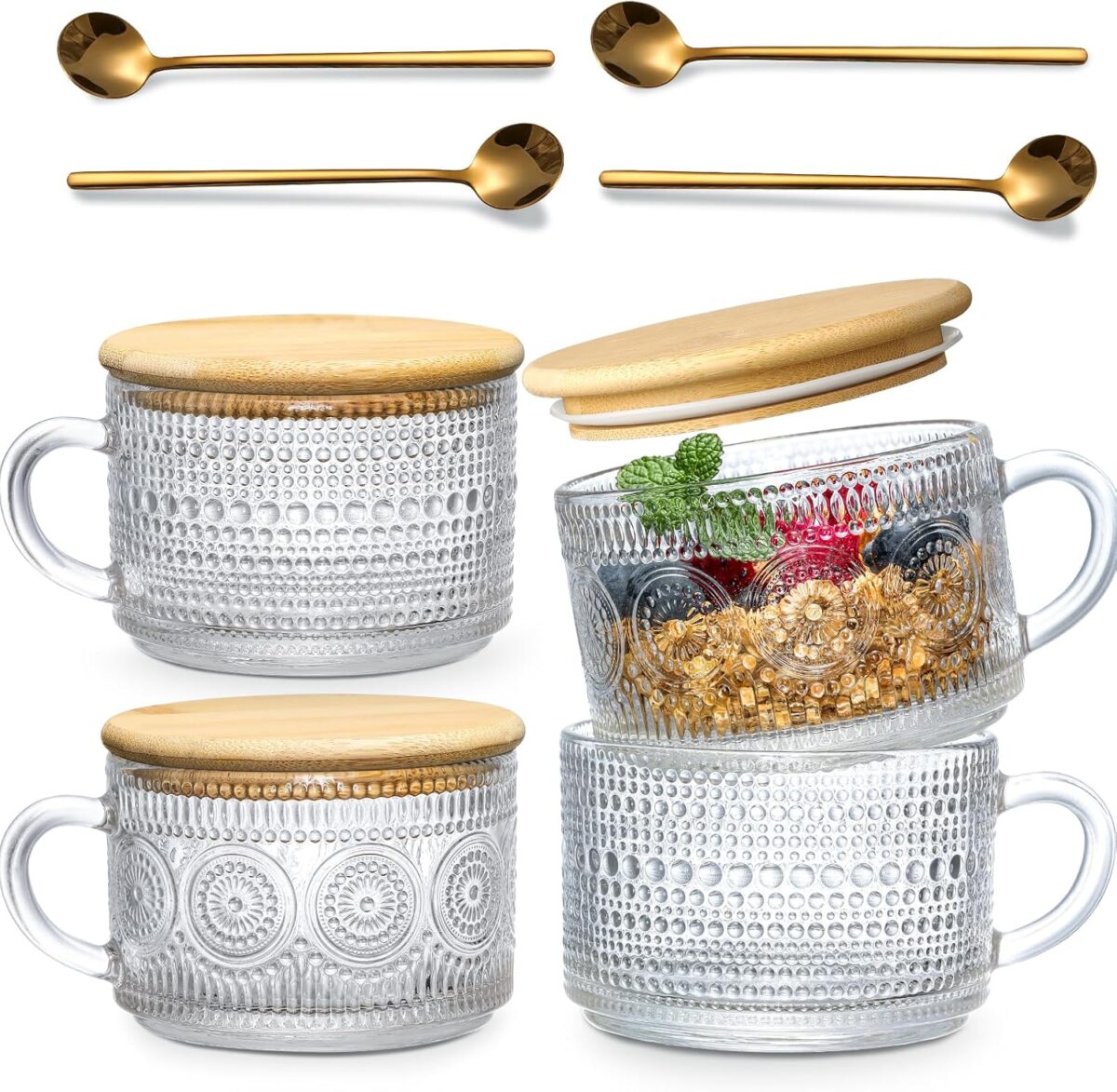 LANDNEOO 4pcs Set Vintage Coffee Mugs gifts for women, Overnight Oats Containers with Bamboo Lids and Spoons - 14oz Clear Embossed Glass Cups, Cute Coffee Bar Accessories, Iced Coffee Glasses - Image 1