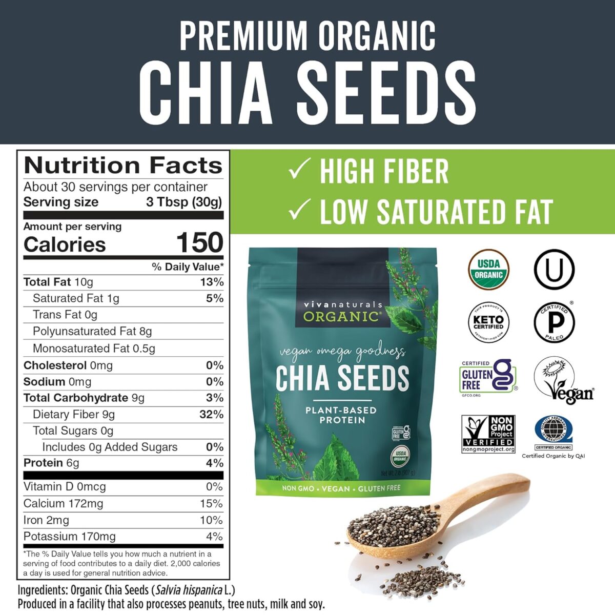 Viva Naturals Organic Chia Seeds 2 LBs - Plant-Based Omega-3 and Vegan Protein, Non-GMO Chia Seeds Organic Perfect for Smoothies, Salads and Chia Seed Pudding, Black Chia Seeds Bulk - Image 6