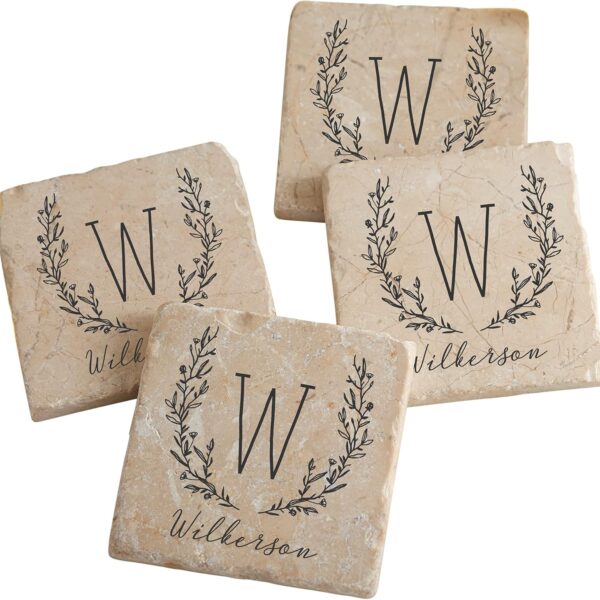 Personalization Universe Farmhouse Floral Personalized Tumbled Stone Coaster Set - Custom with Name & Initial, Set of 4 Marble Stone Coasters, Wedding Gifts, Housewarming Gift Ideas, Bar Table Décor