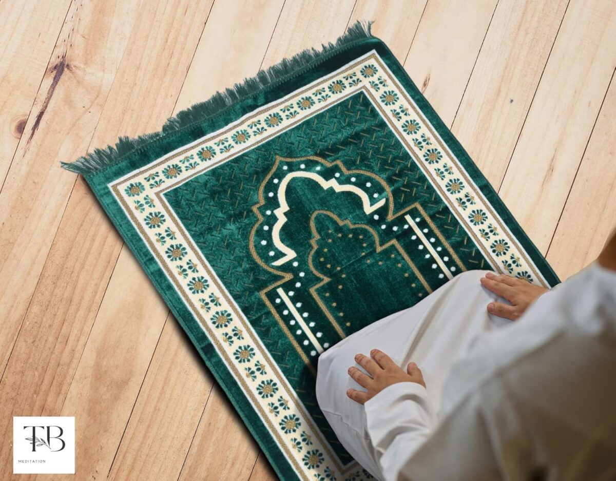 TB Islamic Prayer Rug Thick Soft Velvet Muslim Mat Unique Arabic Turkish African Embroidered Design Prayer Bead Daily Salah Prayer Meditation Ramadan Eid Gift for Women Men Kids (Green) - Image 2