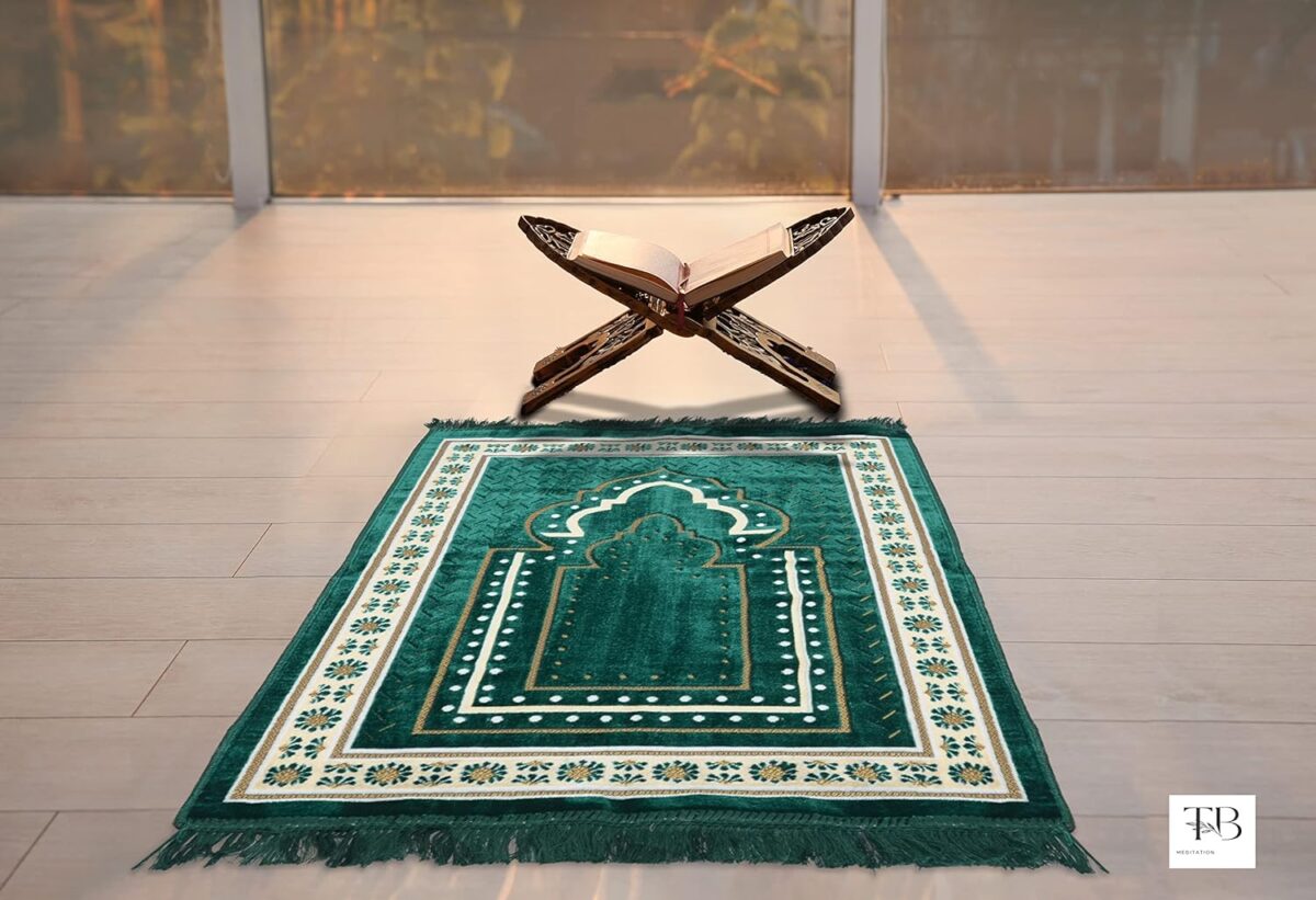 TB Islamic Prayer Rug Thick Soft Velvet Muslim Mat Unique Arabic Turkish African Embroidered Design Prayer Bead Daily Salah Prayer Meditation Ramadan Eid Gift for Women Men Kids (Green) - Image 7