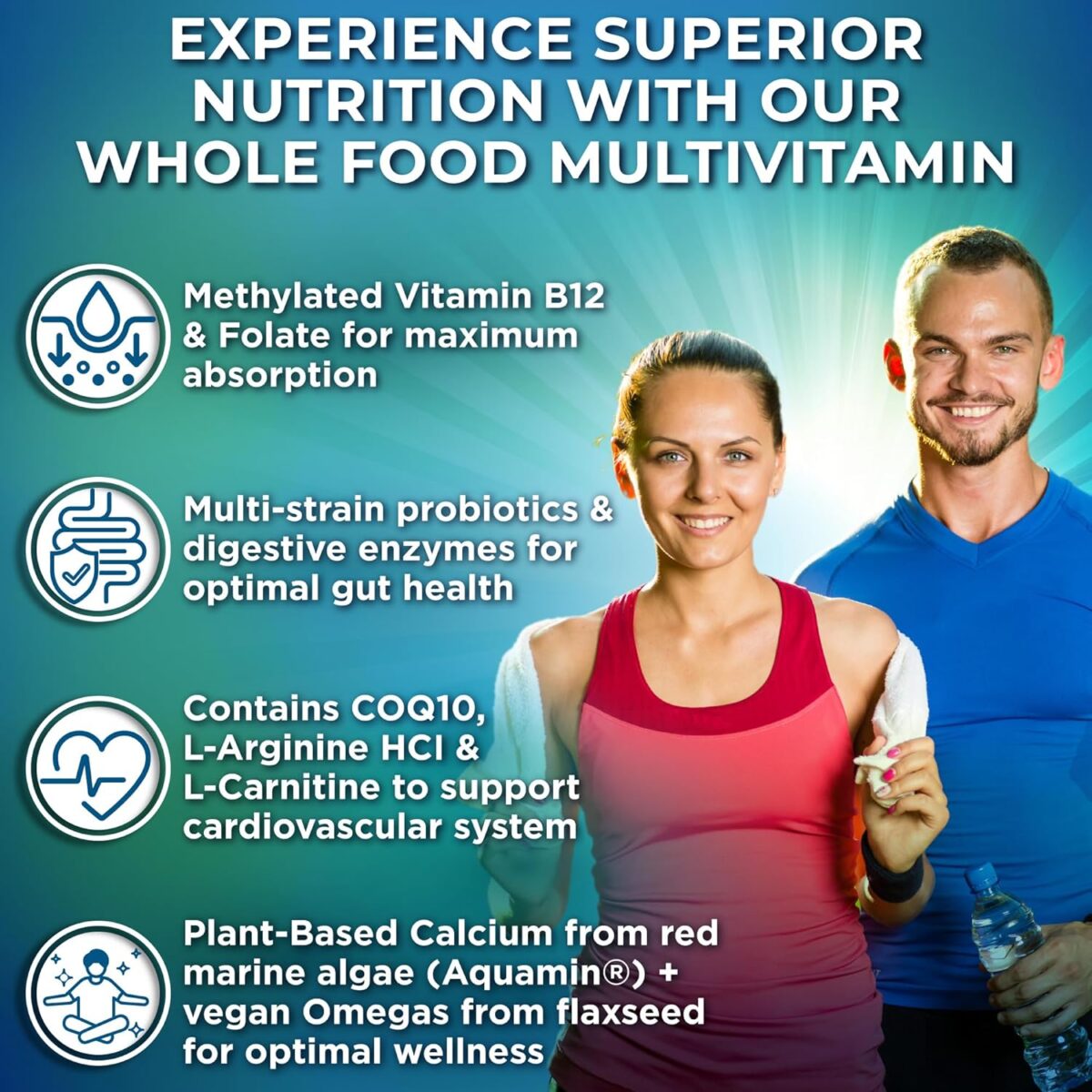 Vegan Whole Food Multivitamin with Iron, Daily Multivitamin for Women and Men, Made with Fruits & Vegetables, B-Complex, Probiotics, Enzymes, CoQ10, Omegas, Turmeric, Non-GMO, 90 Count - Image 2