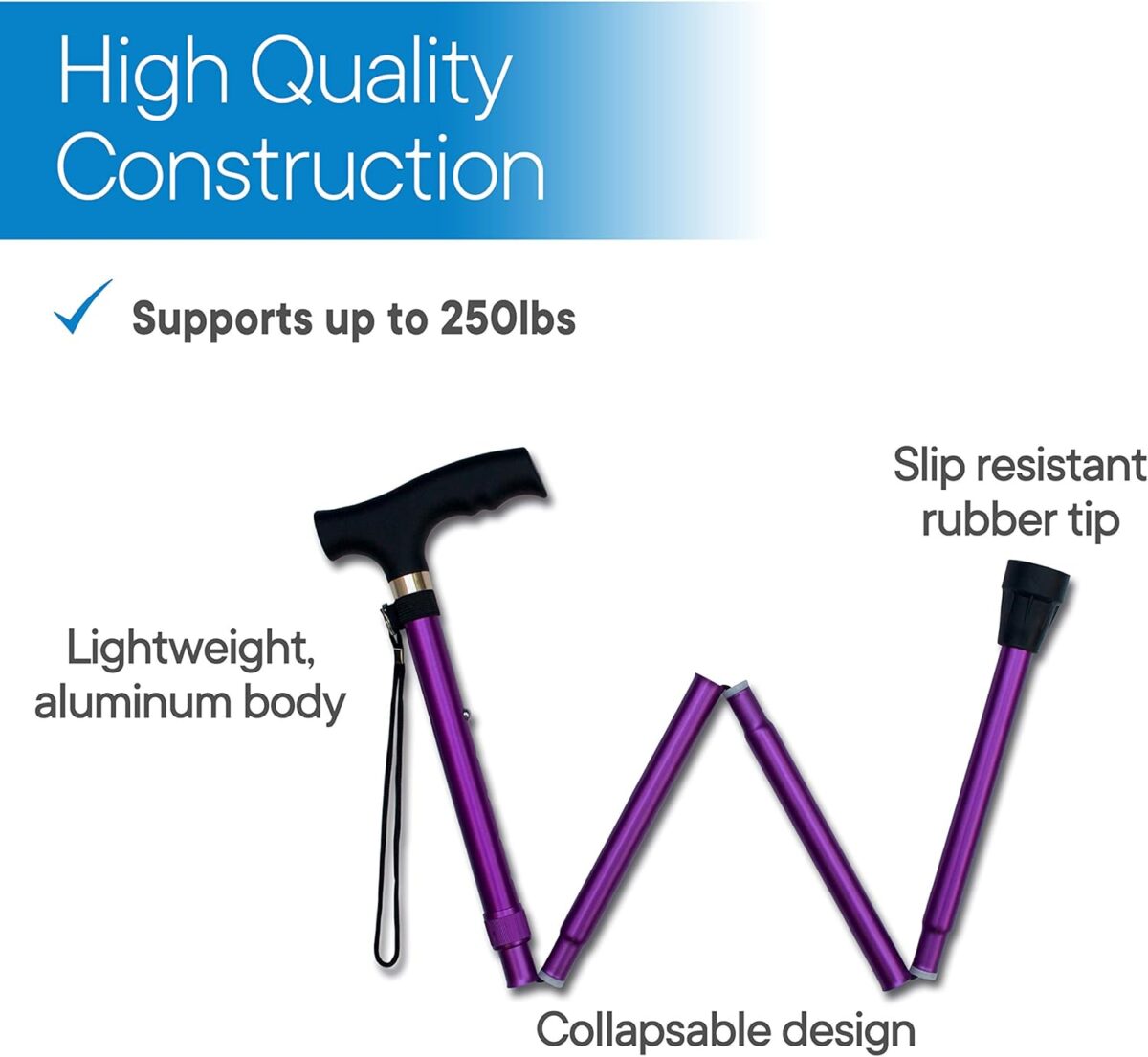 RMS Folding Cane - Foldable Walking Cane with Adjustable Height - Collapsible and Lightweight - Soft Ergonomic Handle for Comfortable Grip - Portable Walking Stick for Mobility Aid - Image 3