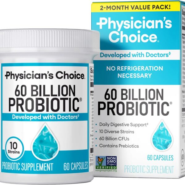 Physician's CHOICE Probiotics 60 Billion CFU - 10 Strains + Organic Prebiotics - Immune, Digestive & Gut Health - Supports Occasional Constipation, Diarrhea, Gas & Bloating - for Women & Men - 60ct
