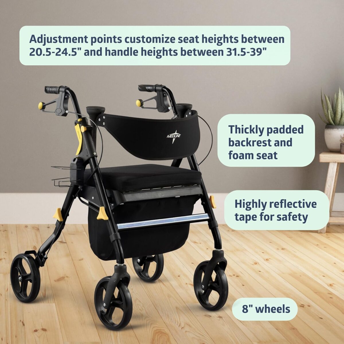 Medline Premium Empower Folding Mobility Rollator Walker with Memory Foam Seat, Black, 300 lb. Weight Capacity, 8” Wheels, Cupholder,Rolling Walker for Mobility Impairment, Adjustable Handles - Image 3