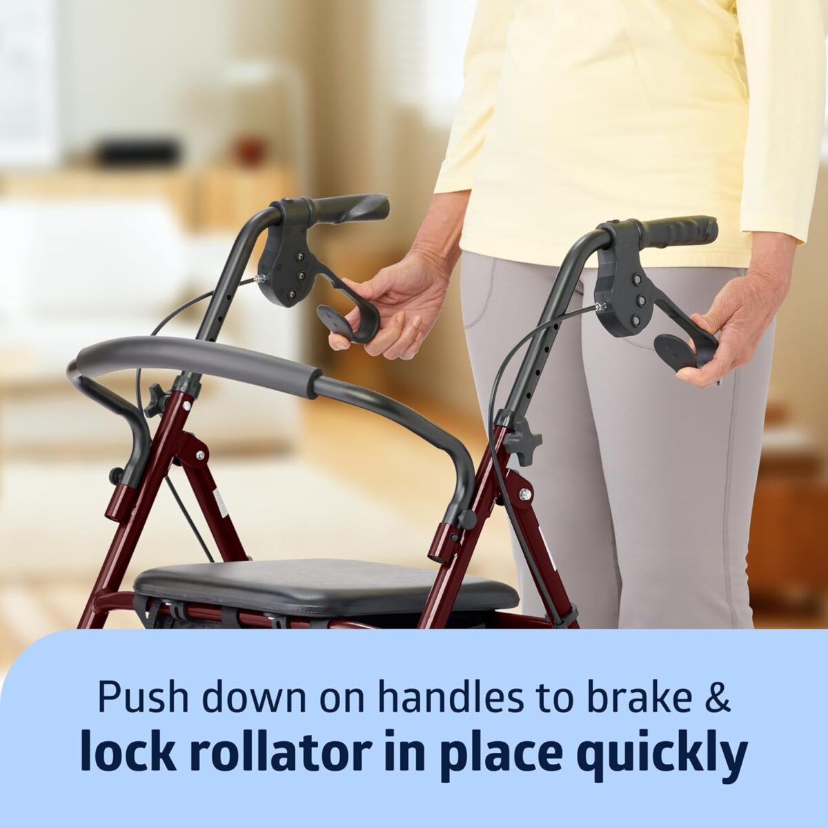 Medline Steel Rollator Walker for Adult Mobility Impairment, Burgundy, 350 lb. Weight Capacity, 8” Wheels, Foldable, Adjustable Handles, Rolling Walker for Seniors - Image 6
