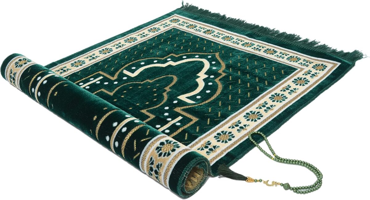 TB Islamic Prayer Rug Thick Soft Velvet Muslim Mat Unique Arabic Turkish African Embroidered Design Prayer Bead Daily Salah Prayer Meditation Ramadan Eid Gift for Women Men Kids (Green) - Image 6