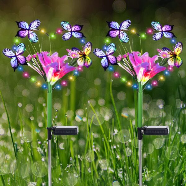 Aukora Solar Garden Lights Outdoor Waterproof, A Heart-Shaped Garland Design with Artificial Butterflies ＆ Flowers, 7 Color Changing LED Beads for Patio Yard Wedding Decor, Gifts for Women (2-Pack)
