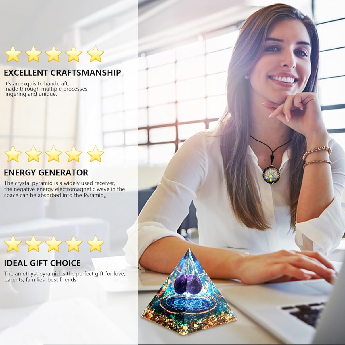 Zurligi Orgone Pyramid for Positive Energy, Tree of Life Amethyst & Citrine Chakra Orgonite Healing Crystal Pyramid for Wealth Success Lucky Meditation Sleep & Spiritual Gifts - Image 9