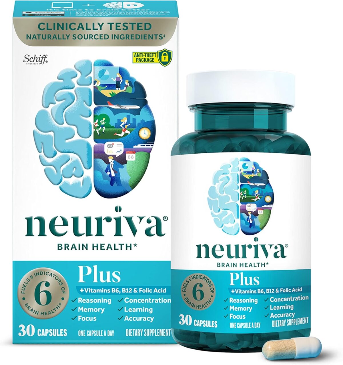 NEURIVA Plus Brain Supplement for Memory and Focus Clinically Tested Nootropics for Concentration for Mental Clarity, Cognitive Enhancement Vitamins B6, B12, Phosphatidylserine 30 Capsules - Image 1
