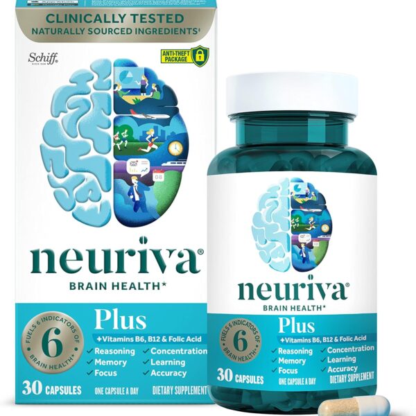 NEURIVA Plus Brain Supplement for Memory and Focus Clinically Tested Nootropics for Concentration for Mental Clarity, Cognitive Enhancement Vitamins B6, B12, Phosphatidylserine 30 Capsules