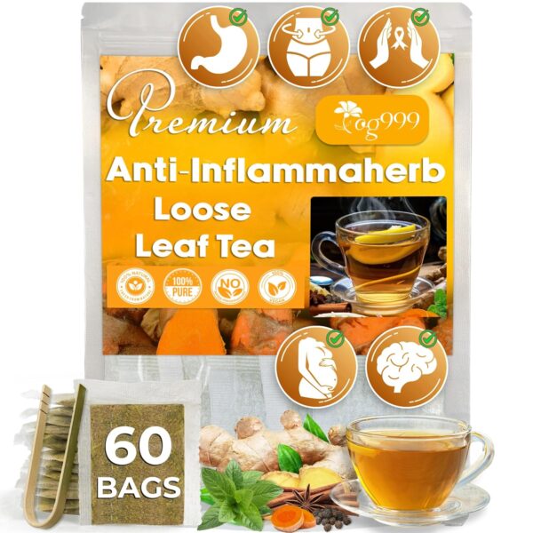 60 Tea Bags - Anti-Inflammaheb Loose Leaf Tea, 100% Natural from Ginger, Turmeric, Peppermint, Black Pepper, Cinnamon. Made with Natural Material Tea Bags. No Sugar, No Caffeine, No Gluten, Vegan. (60 Tea Bags)