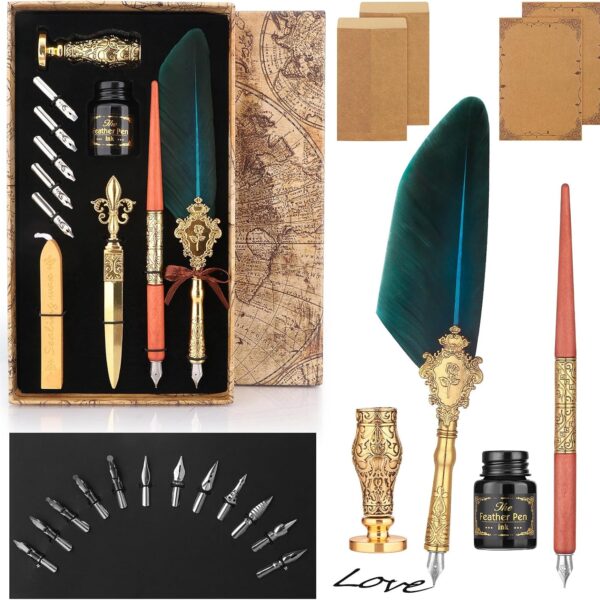 Feather Pen 27 Pcs Quill Pen and Ink Set Calligraphy Pens Set Fountain Pen with 2 Pens,17 Nibs,Wax Seal Stamp,Ink,Holder,Letter Writing Kit Calligraphy Kits for Beginners-Gift for Calligraphy Lovers