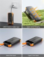 Solar-Power-Bank-Charger, 40000mAh Portable Phone Charger Built in 4 Cables with USB C in/Output, PD 20W Fast Charging External Batter, External Battery Pack with Dual Bright Flashlights - Image 4