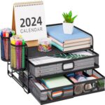 Marbrasse 3 Tier Mesh Desk Organizer with Drawer, Multi-Functional Desk Organizers and Accessories, Paper Letter Organizer with 2 Pen Holder for Home Office Supplies (Black)