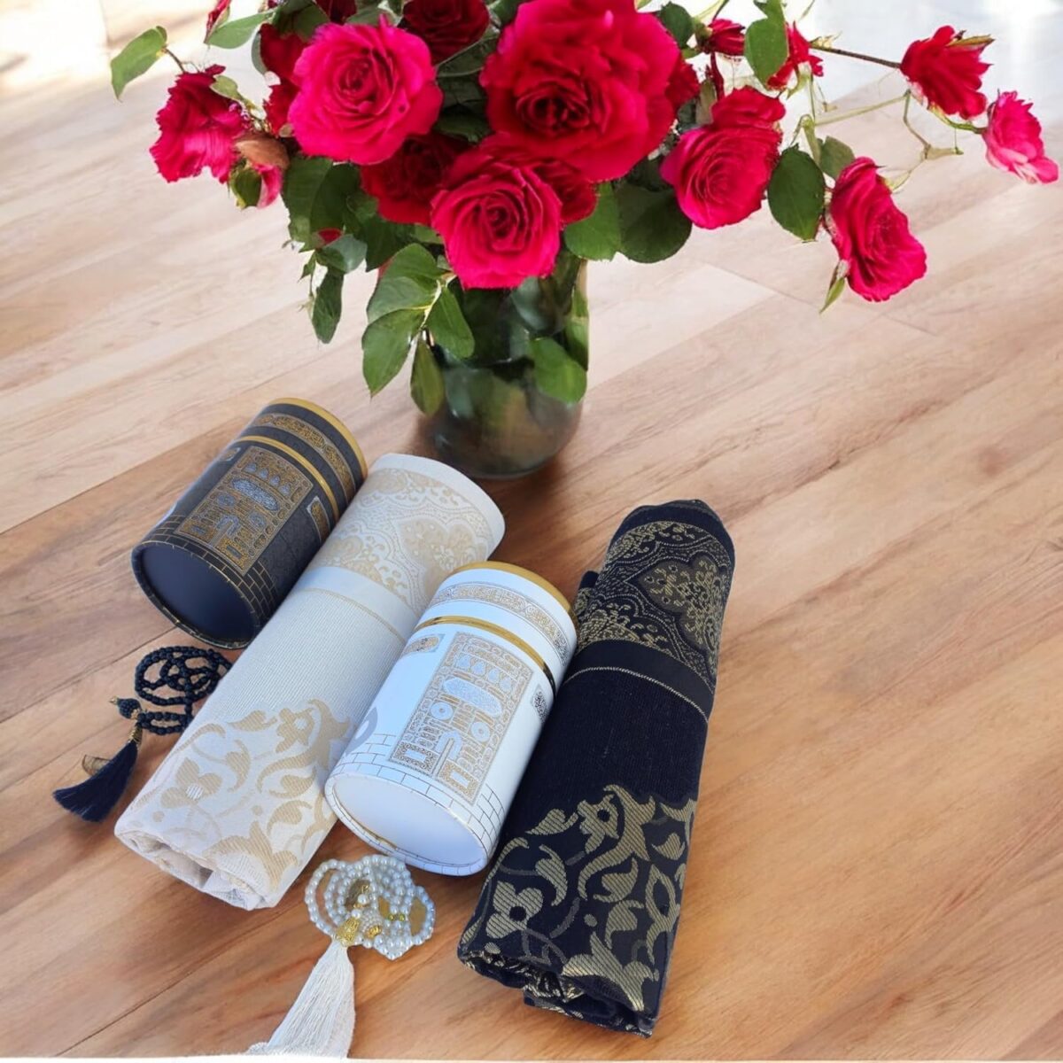 SAIKA Muslim prayer rug, Two Prayer mats and Prayer Beads with Kaaba Design Cylinder Gift Box,Islamic Gifts, Janamaz, Sajadah - Image 2