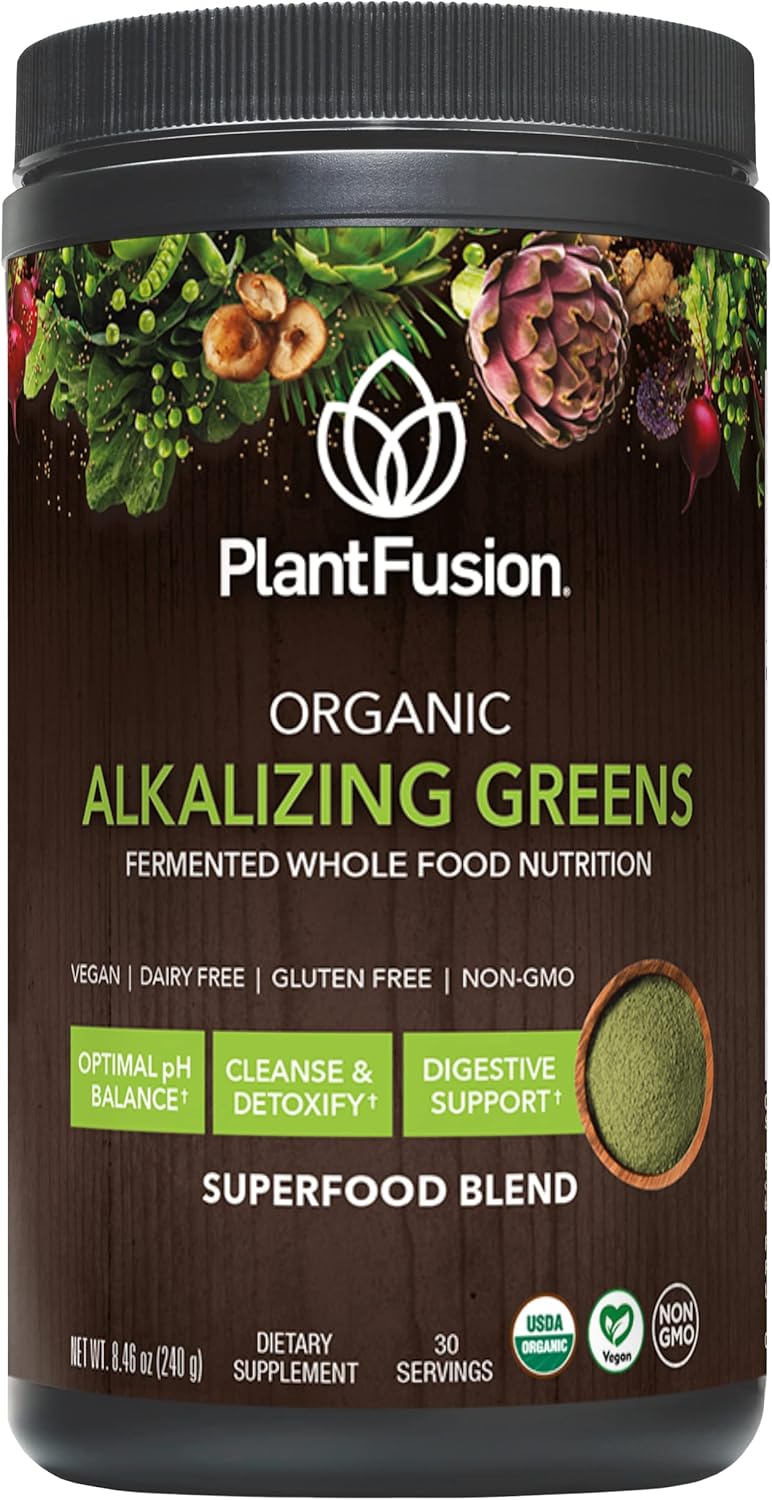 81MaAj4h3AL._AC_SL1500_.jpg PlantFusion Alkalizing Super Greens Powder - Fermented Greens Superfood Powder Blend with Digestive Enzymes Probiotics & Prebiotic Fiber - Organic, Non-GMO, Vegan, Gluten-Free - 8.46 oz 30 Servings - Image 1