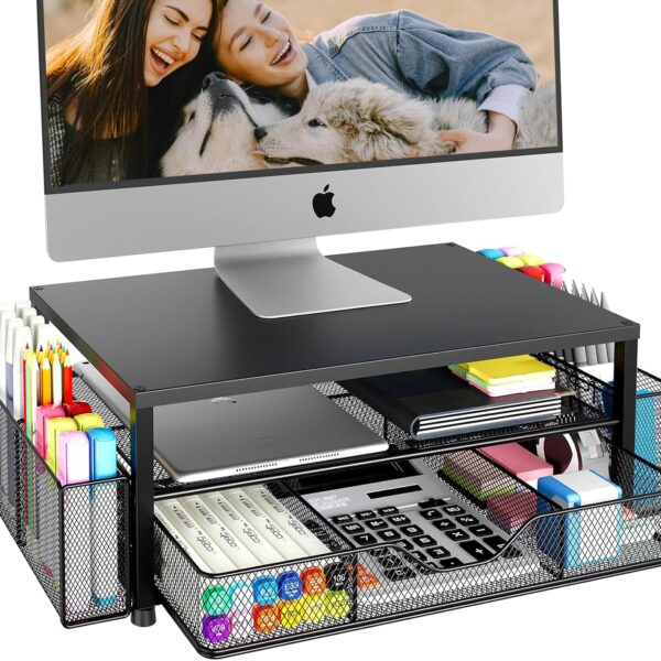 Desk Organizers and Accessories, 2-Tier Computer Monitor Stand for Desk Organizer with Drawer and 2 Pen Holders, Office Desk Accessories Workspace Desktop Organizers for Office Supplies, Black