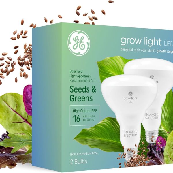 GE Grow Lights for Indoor Plants, BR30 Indoor Floodlight, LED Light Bulbs for Seeds and Greens with Balanced Spectrum, 25,000 Hours Lifespan, 16 PPF, 2 Pack (Packaging May Vary)
