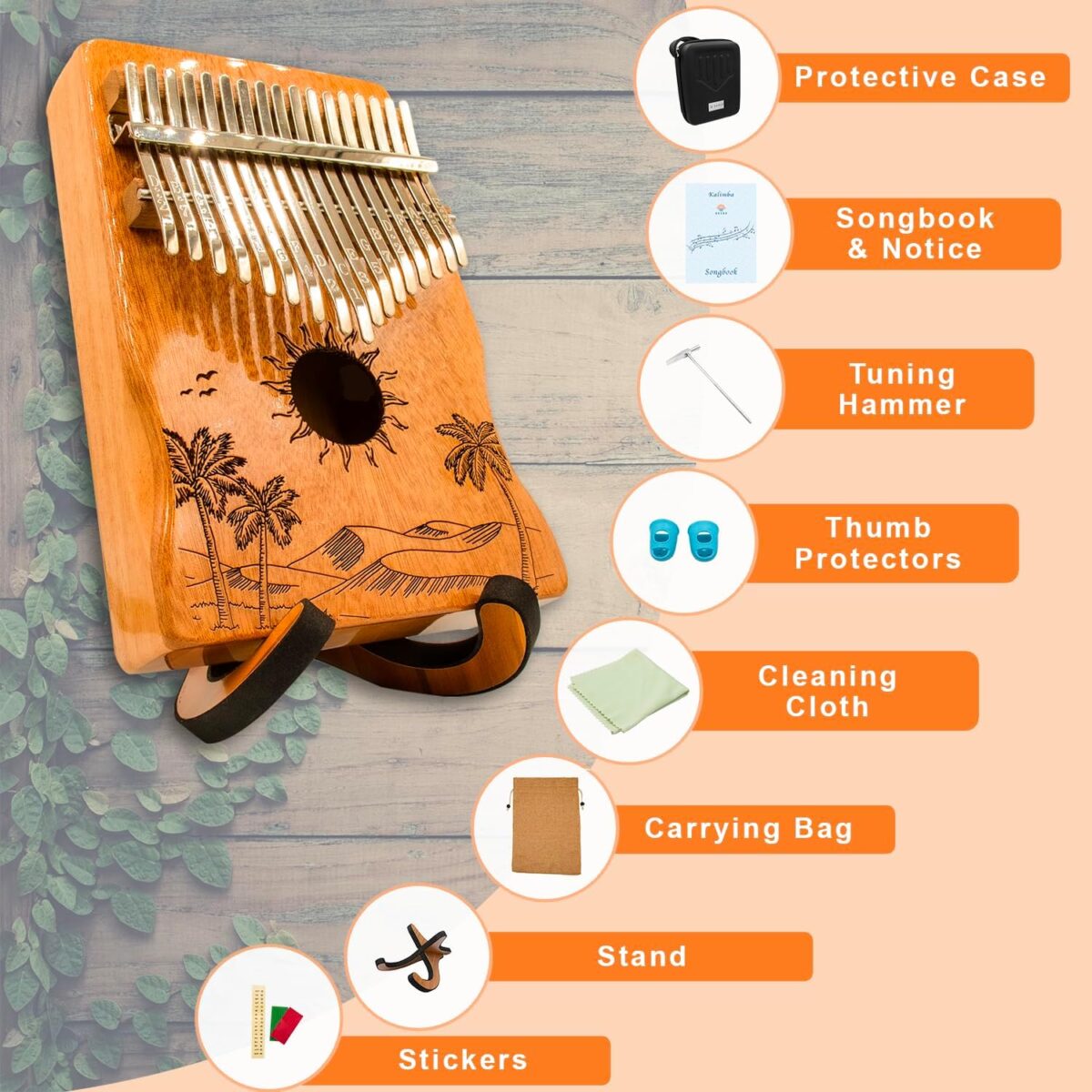 Orora Kalimba 17 Keys Thumb Piano - Songbook included with 25 Songs - Varnished Wood Musical Instrument - Finger Piano with Protection Case, Stand, Accessories - Unique Gift - Image 2