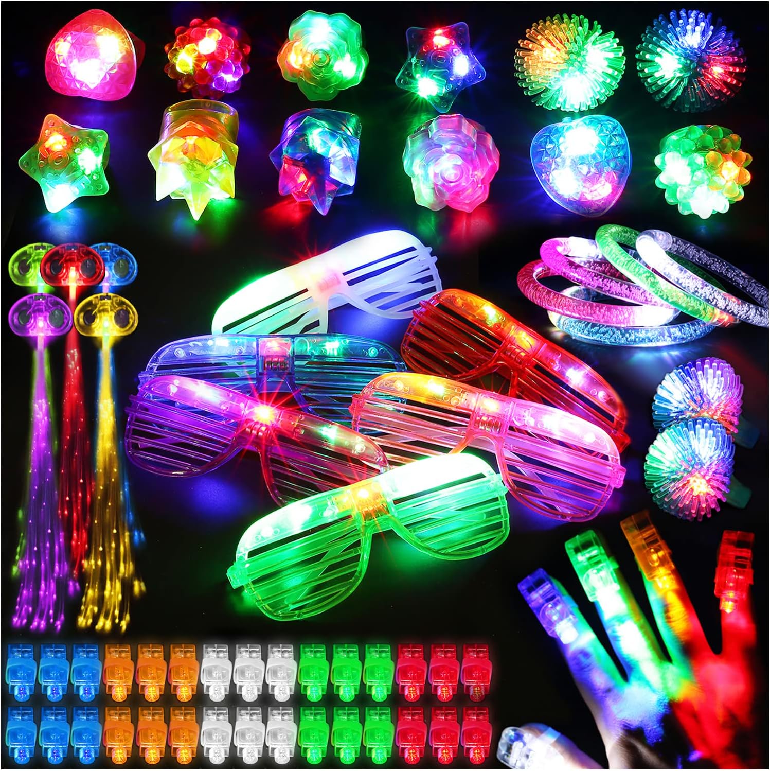 81Npi0mSk8L._AC_SL1500_.jpg 78PCs LED Light Up Toy Party Favors/Supplies Bulk Glow In The Dark For Adult Kids Birthday Halloween With 50 Finger Light, 12 Jelly Ring, 6 Flashing Glasses, 5 Bracelet, 5 Fiber Optic Hair Light - Image 1