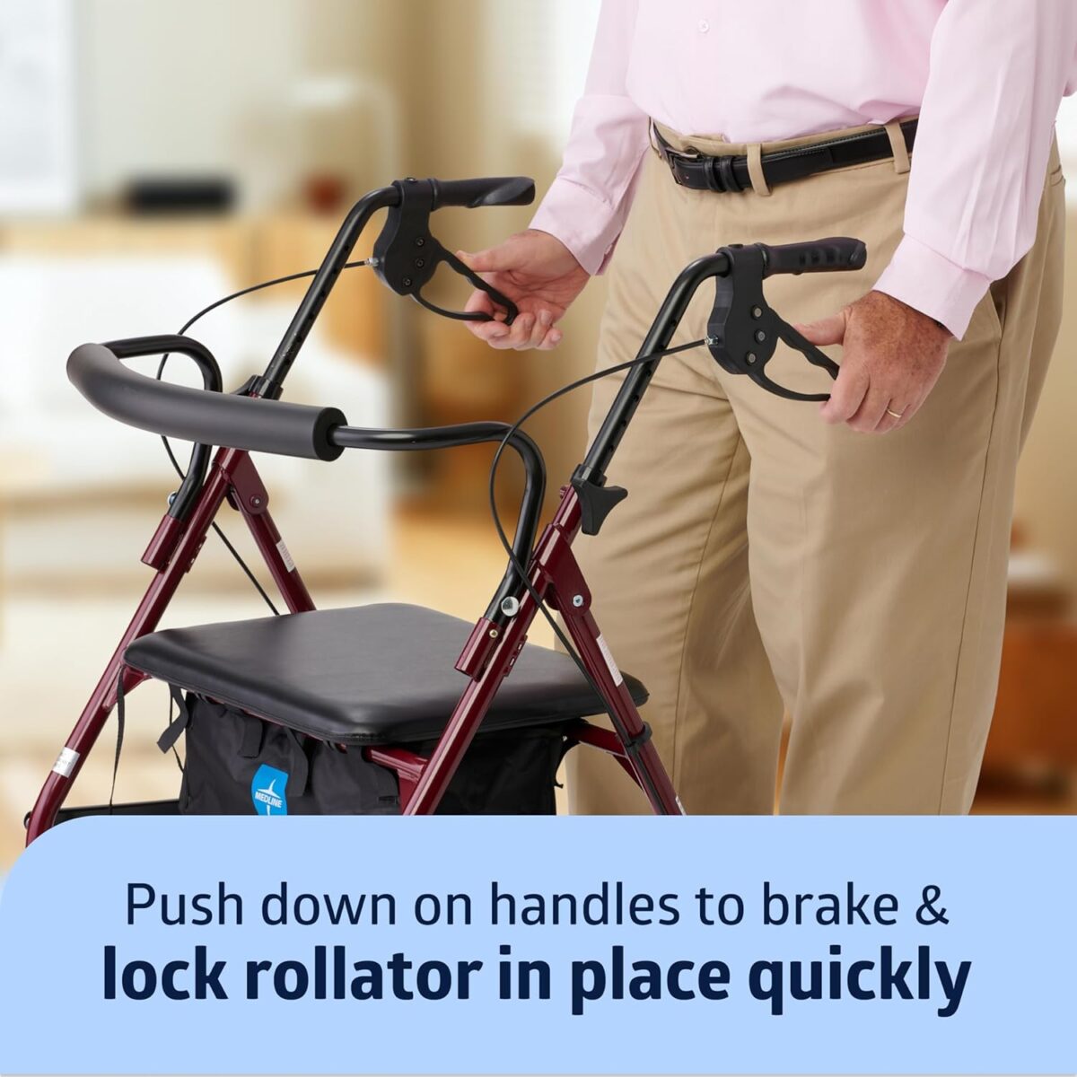 Medline Large Steel Bariatric Rollator Walker with Adjustable Handles,Padded Seat & Backrest,Burgundy, 500 lb.Weight Capacity,Foldable, Under Seat Storage,8" Wheels,Rolling Walker For Seniors & Adults - Image 6