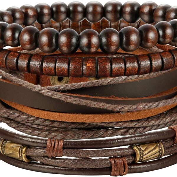 Jstyle 4Pcs Braided Leather Bracelet for Women Mens Cuff Bead Bracelet Set Adjustable Black And Brown
