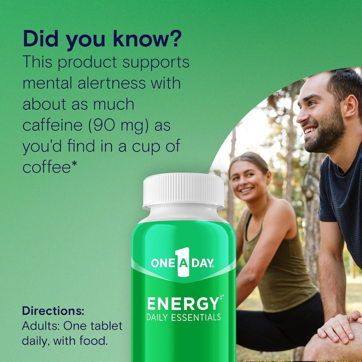 One A Day Energy Daily Essentials Multivitamin, Energy Supplement to Support Mental Alertness and Immune Health with Vitamins A C, D, E, Zinc and Caffeine, 120 Count - Image 2