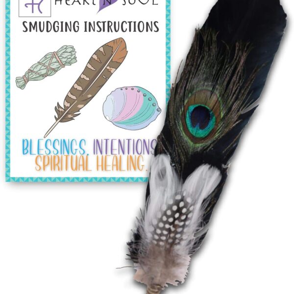 Smudge Feather, Turkey and Peacock, Unique Homecrafted Energy Cleansing Clearing Spiritual Practice House Smudging - Detailed Instructions for Beginners (Black/White)