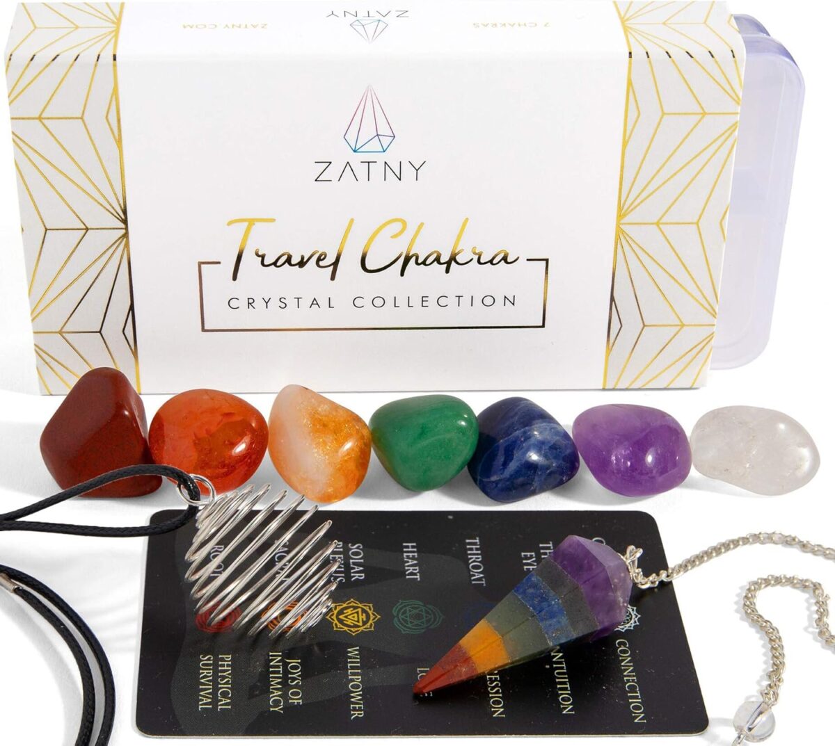 Travel Chakra Crystals and Healing Stones Collection - 7 Chakra Set Tumbled Stones, Chakra Pendulum, Interchangeable Cage Necklace, Reference Card, Portable Case, Ebook - Image 1