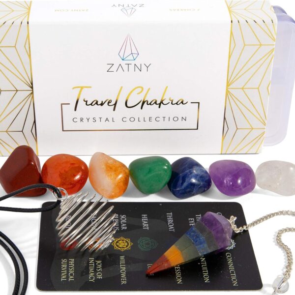 Travel Chakra Crystals and Healing Stones Collection - 7 Chakra Set Tumbled Stones, Chakra Pendulum, Interchangeable Cage Necklace, Reference Card, Portable Case, Ebook